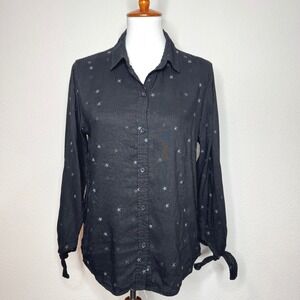 RAILS Robyn Blouse Shirt MED Black w. Embroidered‎ Stars 3/4 Tie Sleeves Linen
